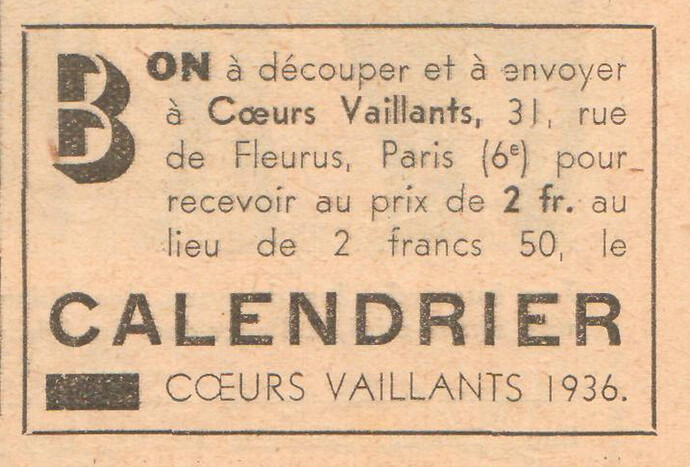 Calendrier 1936 Coeurs Vaillants - bon de commande - CV n°1 du 5 janvier 1936 - page 2