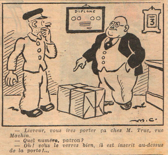 Almanach National 1933 - 32 - jeudi 11 mai 1933 - Livreur vous irez porter ça chez M. Truc rue Machin