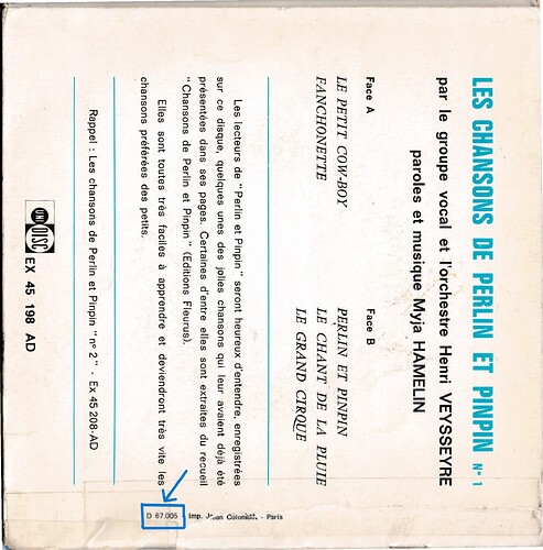 chansons de perlin 1 1967 dos avec date