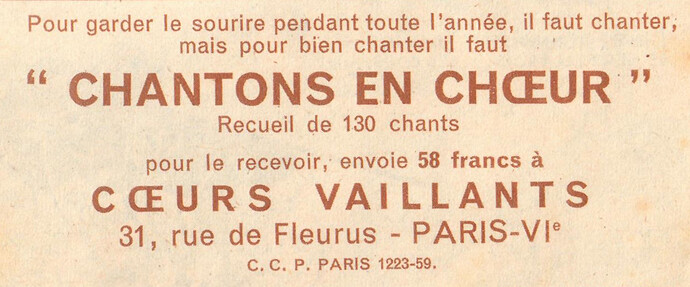 Almanach Farandole 1949 - page 63 - Publicité pour le recueil Chantons en choeur