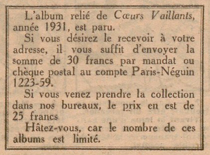 SCoeurs Vaillants 1932 - n°8 - Puublicité pour album relié Coeurs Vaillants de 1931 - 21 février 1932 - page 7