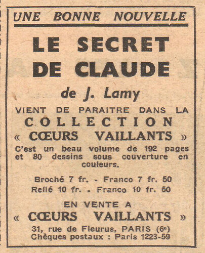 Coeurs Vaillants 1937 - n°30 - 8 août 1937 - Publicité pour Le secret de Claude - page 6
