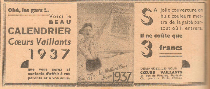 Calendrier 1937 Coeurs Vaillants -Publlcité - CV n°45 du 8 novembre 1936 - page 2