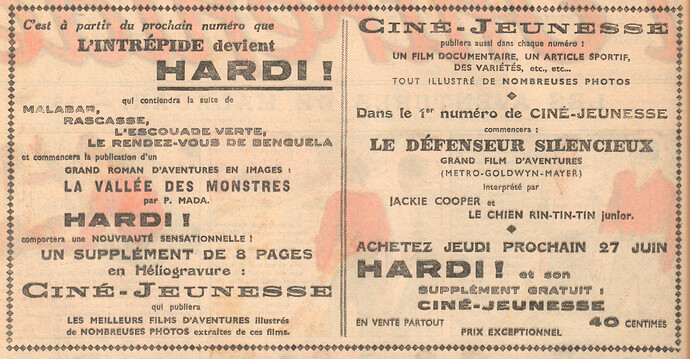 L'Intrépide 1937 - n°1400 - page 2 - Annonce de la disparition de l'Intrépide et de la parution de Hardi - 20 juin 1937
