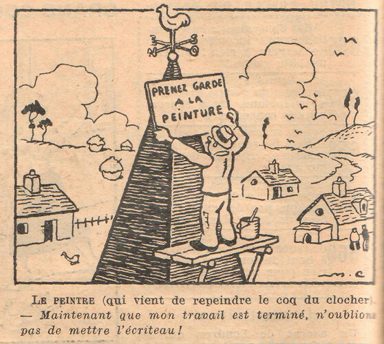 Almanach National 1933 - 46 - samedi 2 septembre 1933 - Le peintre qui vient de repeindre le coq du clocher