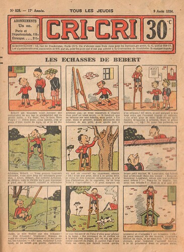 Cri-Cri 1934 - n°828 - page 1 - Les échasses de BEBERT - 9 août 1934