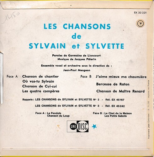 3b les chansons de sylvain et sylvette verso 1971