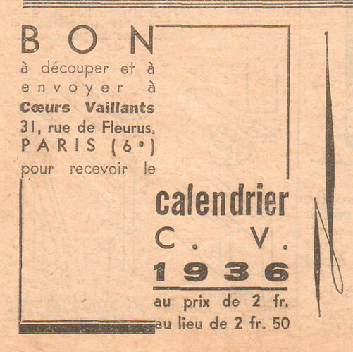 Coeurs Vaillants 1935 - n°51 - page 11 - Bon pour le calendrier CV de 1936 - 22 décembre 1935