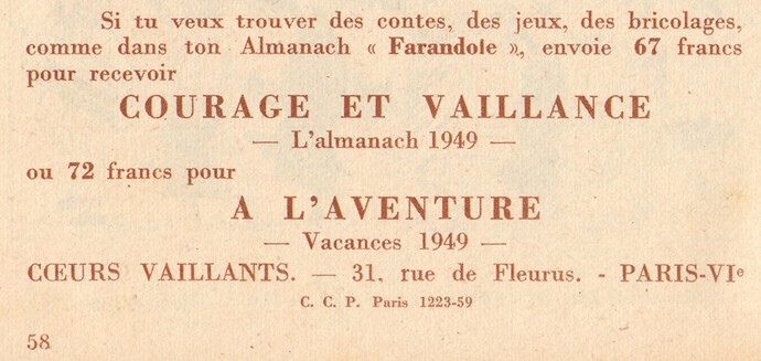 Almanach Farandole 1949 - page 58 - Publicité pour 2 autres almanachs - Courage et Vaillance - A l'aventure