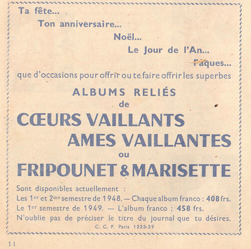 Almanach Farandole 1949 - page 14 - publicité pour les reliures CV-AV-F&M
