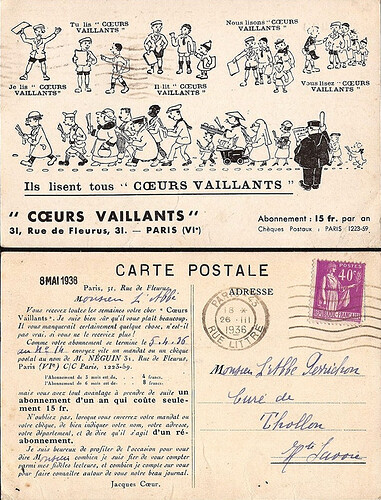 Carte postale publicitaire Coeurs Vaillants 1936