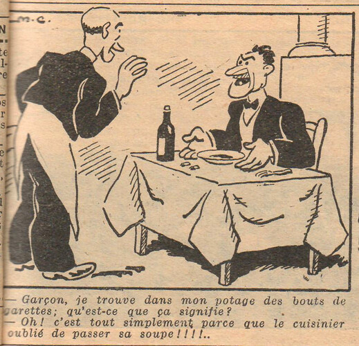 Almanach National 1933 - 8 - dimanche 29 janvier 1933 - Garçon je trouve dans mon potage des bouts de cigarettes -qu'est-cce ça signifie