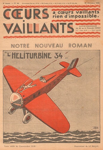 Coeurs Vaillants 1934 - n°52 - page 1 - L'Héliturbine 34 par le Commandant ELSE- 23 décembre 1934