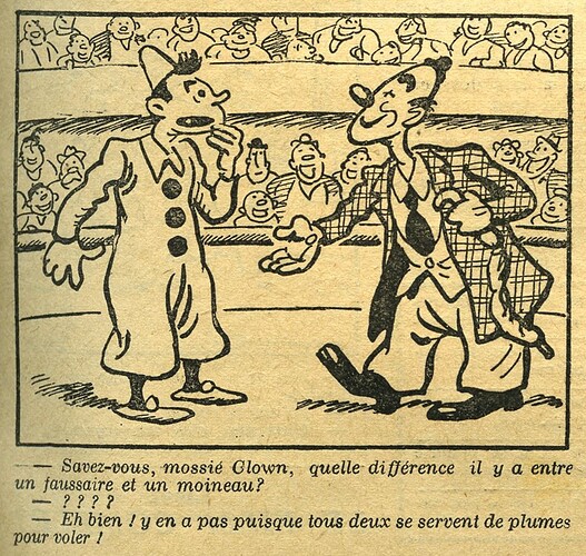 Almanach National 1936 - 8 - Savez-vous mossié Clown quelle est la différence il y a entre un faussaire et un moineau - dimanche 26i avril 1936
