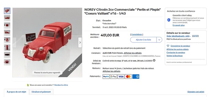 2 CV Citroen Commerciale NOREV - Rouge - Perlin et Pinpin et Coeurs Vaillants - oct 2023 - 200€ prix de départ - vendue 401 euros (9)