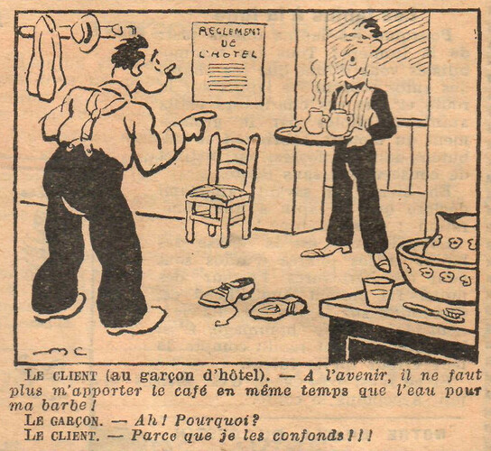Almanach National 1933 - 42 - dimanche 23 juillet 1933 - Le client au garçon d'hôtel - A l'avenir il ne faut plus m'amener le café en même temps que l'eau pour ma barbe
