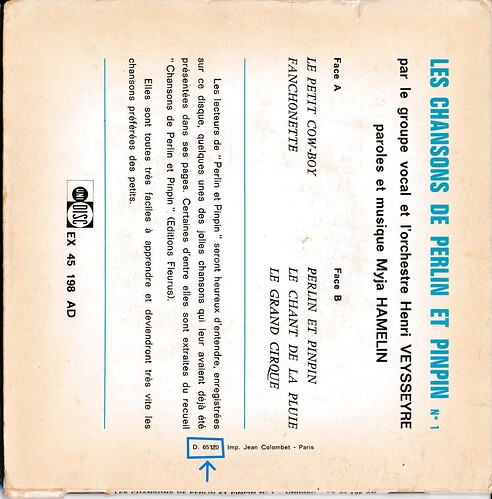 chansons de perlin 1 1965 dos + date