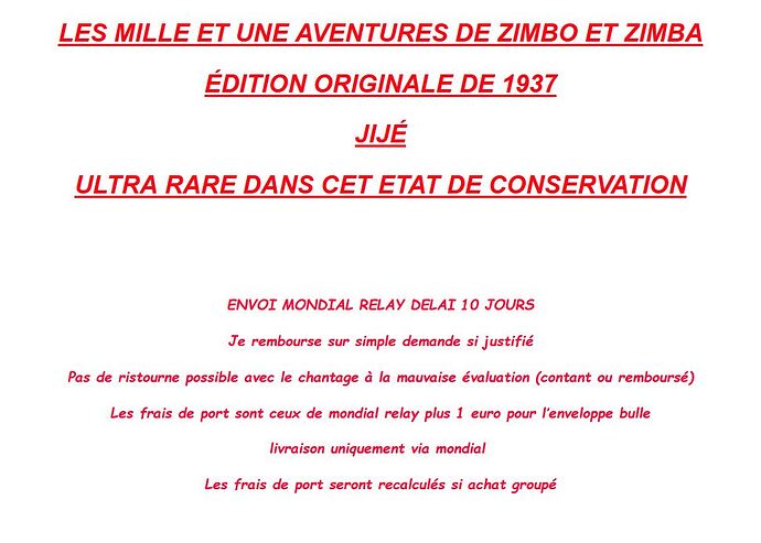 Capture Zimbo et Zimba sur EBAY description