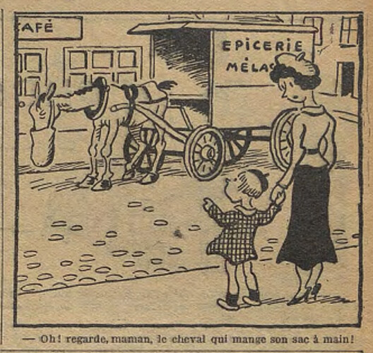 Fillette 1937 - n°1523 - page 12 - Oh ! regarde maman le cheval qui mange son sac à main - 30 mai 1937