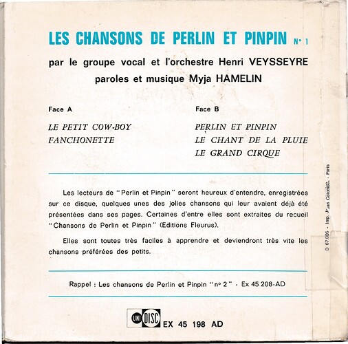 chansons de perlin 1 1967 dos